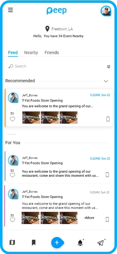 Screenshot of the events page of Peep's mobile app.